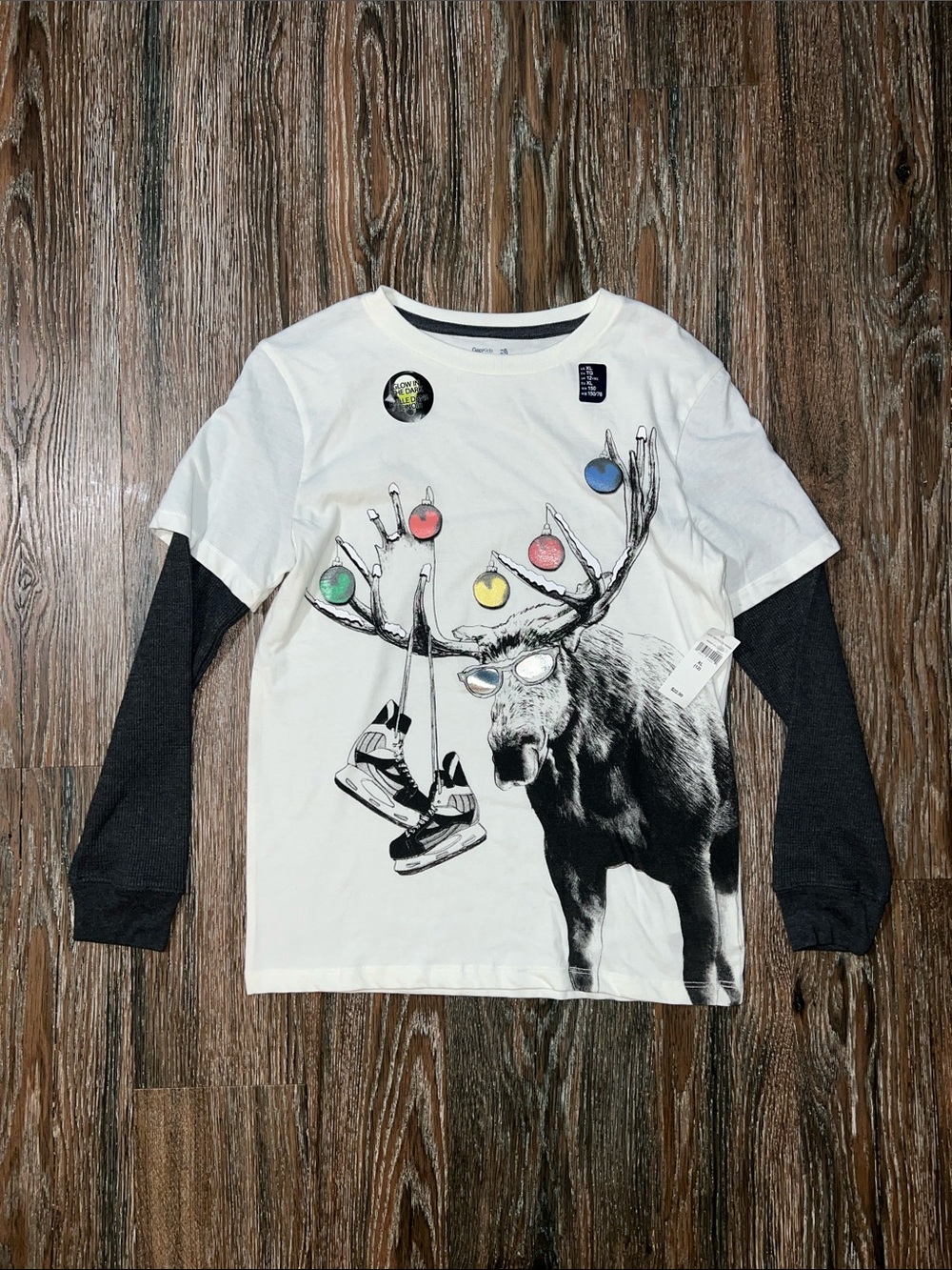 GAP XL Layered-Look Tee with Charcoal Sleeves and Christmas Ice Skate Moos